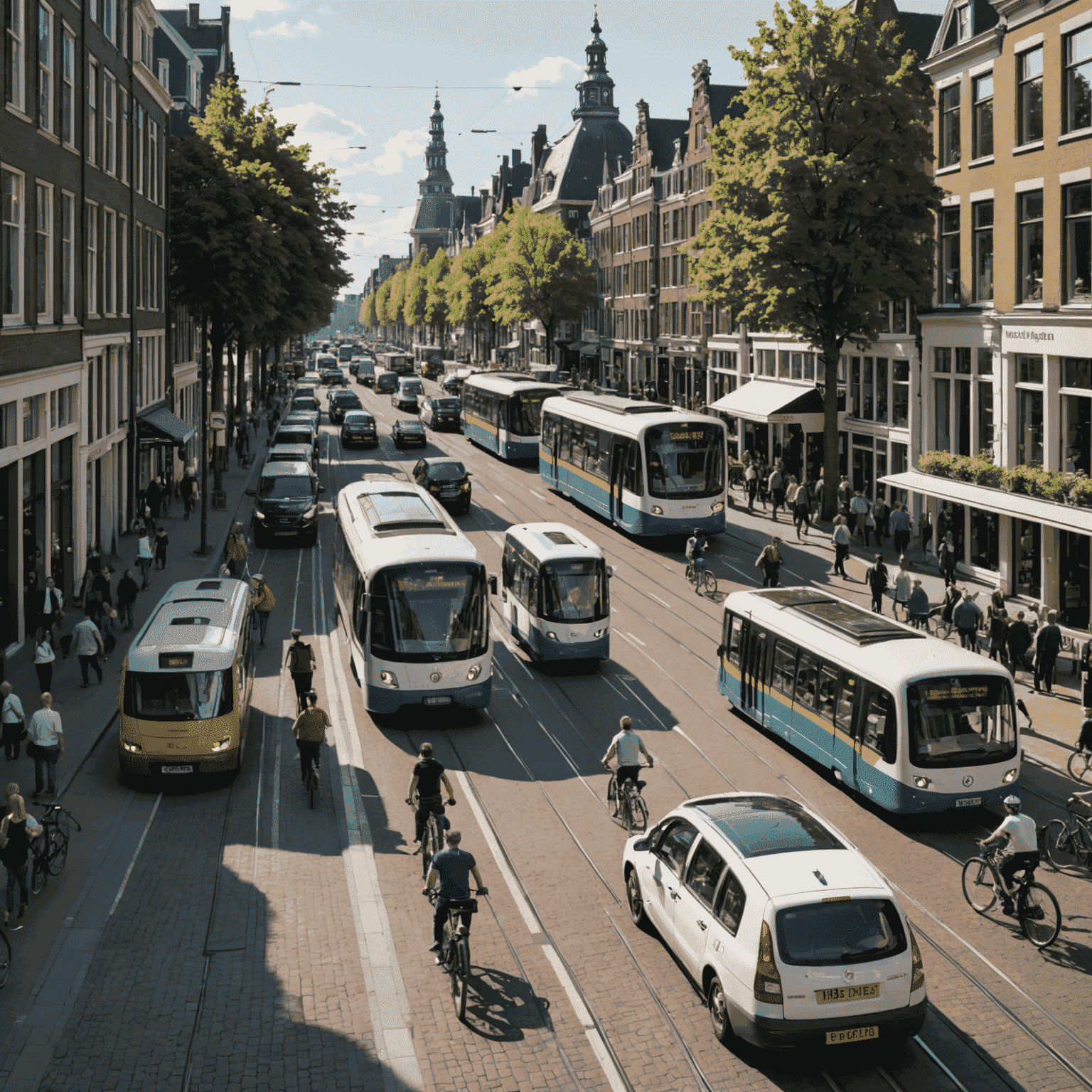 Een drukke Nederlandse straat met fietsers, auto's en trams die zich aan de verkeersregels houden