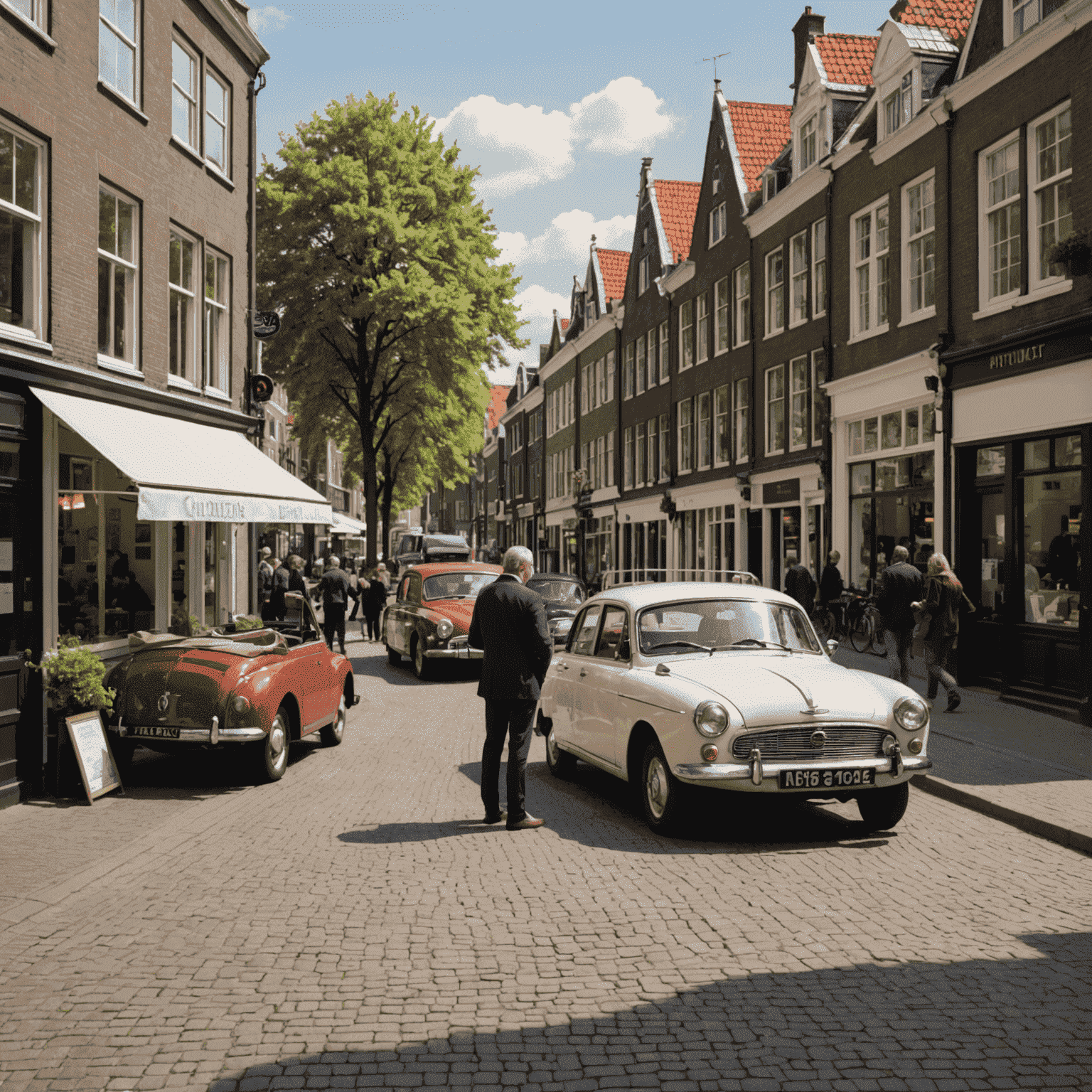 Een Nederlandse straat met geparkeerde auto's en een verzekeringsagent die een polis uitlegt aan een klant